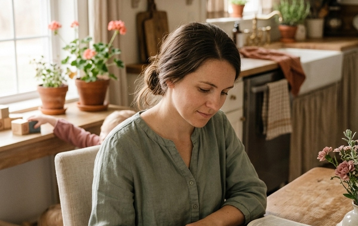 A Christian mother at a kitchen table with an open Bible and journal.