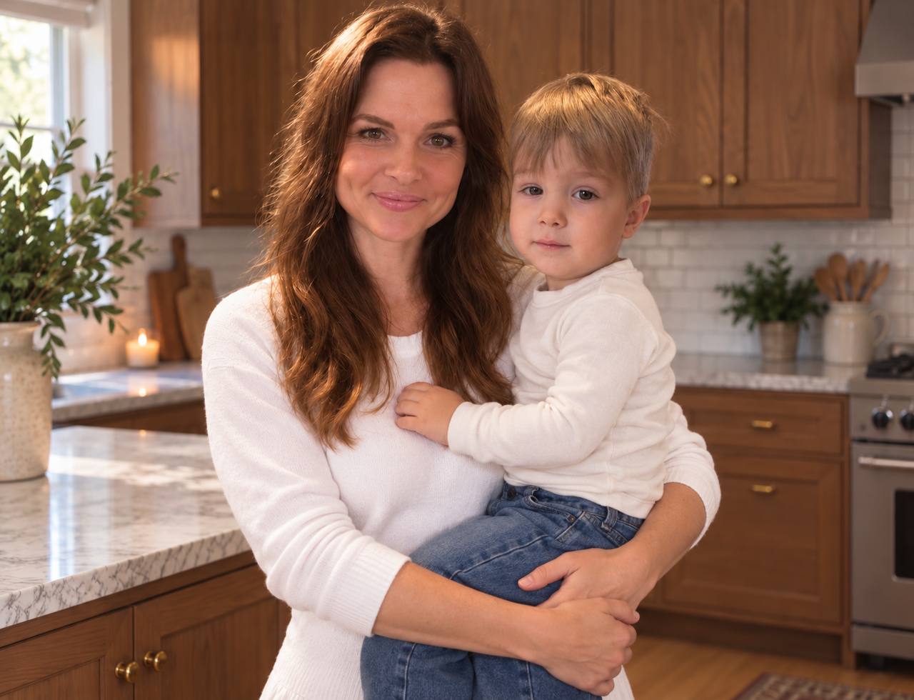 Jennifer holding her child in the kitchen