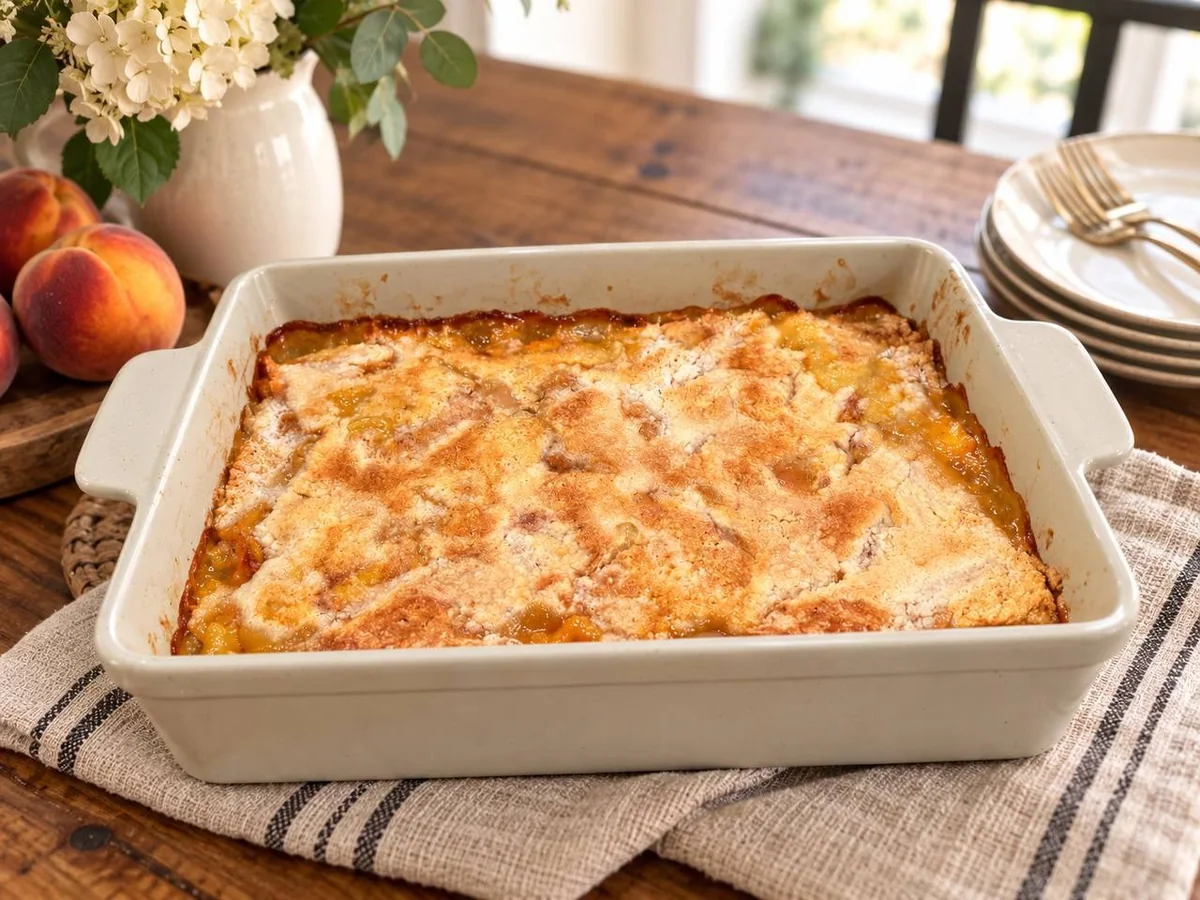 Jennifer’s finished easy peach cake-mix cobbler